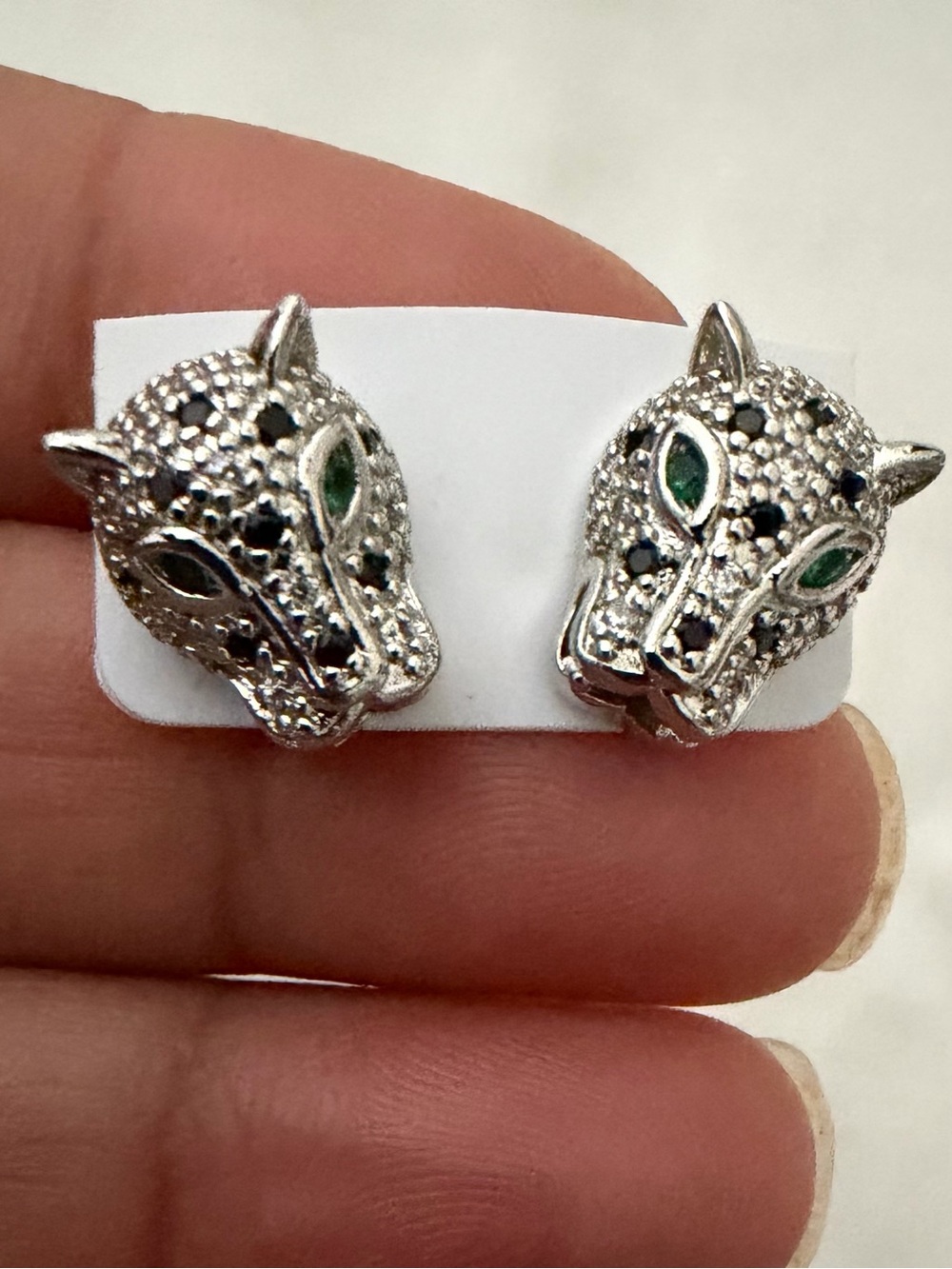 Silver-Tone Leopard Head Stud Earrings with Green Eye Accents